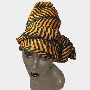 African Wax Fabric Head Wrap/ Black/ Yellow